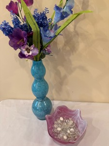 Stunning Tall Blue Vase with Flowers and Pink Bowl with glass pieces