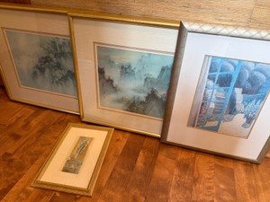Artwork--2 framed pieces from Chinese artist Lena Y Liu, Piece titled Arbor with Striped Chair by Curtis Fields, and Lastly Original print of feather & star by Sarah Lugg