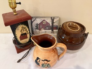 Farmhouse Collection of lamp, bean pot, amish pitcher & canvas picture