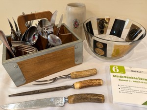 Great Practical Set--Silverware caddy with various silverware, Antler handled knives, Napoleon theme bowl, and Beck beer stein from Germany