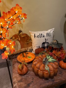 Hello Fall with fabulous pumpkin crock, lighted tree, pillow, sign, platter