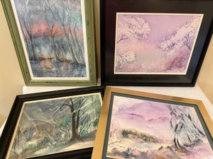 Four framed original watercolor pictures signed by artist