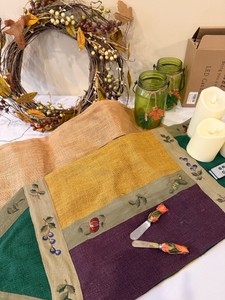 Fall Holiday lot with grapevine wreath, 2 burlap type table runners, and LED decorative lights