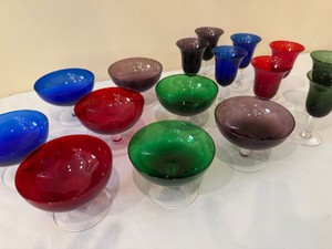 Mid Century style Morgantown Glassware pedestal dessert bowls and small cordials in festive colors