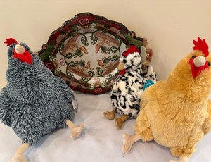 Vintage Chinese Antique Hearing Tang Chi -Two Handled Tray with Roosters on it and Some mighty cute chicken stuffies