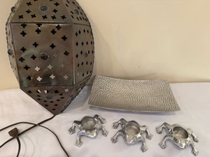 Fun Collection with Rusty Metal Hanging light, three frog candle holders and pewter tray