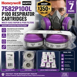 MSRP $350 NEW LOT OF 7 PAIRS HONEYWELL NORTH 7582P100L P100 RESPIRATOR CARTRIDGES, NIOSH MULTI-GASVAPOR &amp P100 FILTERS FOR CHLORINE, FORMALDEHYDE, ACID GASES &amp TOXIC PARTICULATES, FACTORY SEALED