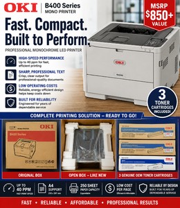 MSRP $850 NEW OPEN BOX OKI B400 SERIES FAST COMPACT A4 MONOCHROME LED PRINTER, INCLUDES 3 GENUINE OEM TONER CARTRIDGES, HIGH-SPEED PRINTING, SHARP PROFESSIONAL TEXT, LOW OPERATING COSTS, BUILT FOR YEARS OF DEPENDABLE SERVICE