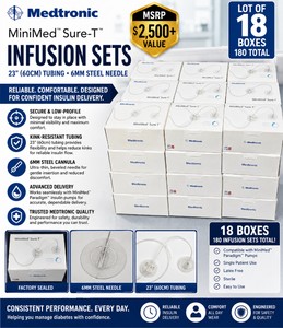 MSRP $2,500 NEW LOT OF 18 BOXES (180 TOTAL) MEDTRONIC MINIMED SURE-T PARADIGM MMT-864 INFUSION SETS, 23 (60CM) TUBING, 6MM STEEL NEEDLE, DUAL-ANCHOR SAFETY DESIGN WITH SECOND ADHESIVE PAD HELPS PREVENT ACCIDENTAL PULL-OUTS - EXPIRED
