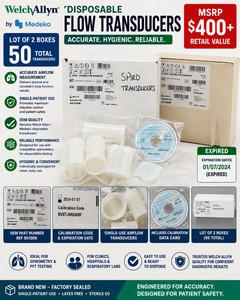 MSRP $400 NEW LOT OF 2 BOXES (50 TOTAL) WELCH ALLYN  MEDEKO DISPOSABLE FLOW TRANSDUCERS, REF 901006, OEM SINGLE-PATIENT AIRFLOW SENSORS FOR ACCURATE LUNG FUNCTION TESTING, HYGIENIC INFECTION CONTROL &amp RELIABLE RESPIRATORY DIAGNOSTICS, EXPIRED