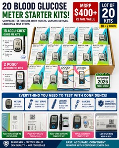 MSRP $400 NEW LOT OF 20 BLOOD GLUCOSE METER STARTER KITS 18 ACCU-CHEK GUIDE ME &amp 2 POGO AUTOMATIC MONITORING SYSTEMS, COMPLETE TESTING KITS WITH METERS, LANCING DEVICES, LANCETS &amp TEST STRIPS, FAST &amp ACCURATE RESULTS, EXP 2026