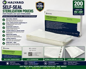 MSRP $120 NEW HALYARD REF 48543 SELF-SEAL STERILIZATION POUCHS, 200 LARGE 9� X 13� AUTOCLAVE POUCHS FOR STEAM &amp EO GAS STERILIZATION, MAINTAINS STERILITY, REDUCES CONTAMINATION &amp SIMPLIFIES INSTRUMENT PROCESSING, OPEN BOX EXPIRED 2026