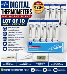 MSRP $120 NEW LOT OF 10 MEDLINE DIGITAL THERMOMETERS 9 ORAL &amp 1 RECTAL THERMOMETER KIT, FAST 30-SECOND TEMPERATURE READINGS, ACCURATE DIGITAL RESULTS, LATEX-FREE &amp EASY-TO-READ DISPLAY FOR HOME OR PROFESSIONAL USE
