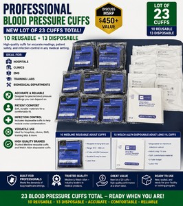 DISCUSS MSRP $450 NEW LOT OF 23 PROFESSIONAL BLOOD PRESSURE CUFFS 10 MEDLINE REUSABLE ADULT CUFFS PLUS 13 WELCH ALLYN FLEXIPORT DISPOSABLE ADULT LONG 11L CUFFS, IDEAL FOR HOSPITALS, CLINICS, EMS, TRAINING LABS &amp BIOMEDICAL DEPARTMENTS