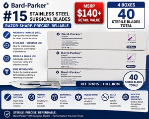 MSRP $140 NEW 4 BOXES BARD-PARKER� #15 STAINLESS STEEL SURGICAL BLADES, 40 STERILE PRECISION SCALPEL BLADES TOTAL, HILL-ROM REF 371615, RAZOR-SHARP FOR CLEAN, PRECISE INCISIONS IN MEDICAL, DENTAL, DERMATOLOGY, PODIATRY &amp VETERINARY PROCEDURES