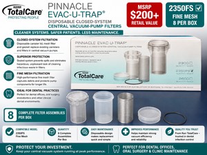 MSRP $200 NEW KERR TOTALCARE PINNACLE EVAC-U-TRAP 2350FS FINE MESH DISPOSABLE CENTRAL DENTAL VACUUM PUMP FILTERS, 8 COMPLETE FILTER ASSEMBLIES PER BOX&nbspIDEAL FOR DENTAL OFFICES, ORAL SURGERY &amp CLINIC VACUUM SYSTEM MAINTENANCE