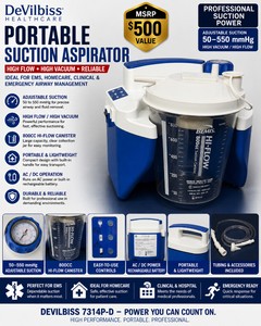 MSRP $500 DEVILBISS 7314P-D PORTABLE MEDICAL SUCTION ASPIRATOR, HIGH FLOWHIGH VACUUM UNIT WITH 800CC BEMIS HI-FLOW COLLECTION CANISTER, 50-550 MMHG ADJUSTABLE SUCTION, IDEAL FOR EMS, HOMECARE, CLINICAL &amp EMERGENCY AIRWAY MANAGEMENT
