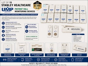 MSRP $2,500 LOT OF 16 STANLEY HEALTHCARE UMP SENTRY PATIENT FALL MONITORING DEVICES, 13 BEDCHAIR EXIT ALARM MONITORS PLUS 3 PERSONAL SENTRY WIRELESS CALL TRANSMITTERS FOR HOSPITAL &amp LONG-TERM CARE USE