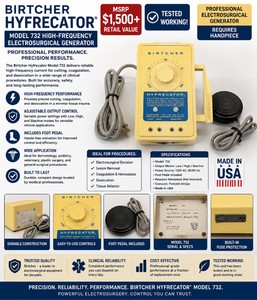 MSRP $1,500 BIRTCHER HYFRECATOR MODEL 732 HIGH-FREQUENCY ELECTROSURGICAL GENERATOR WITH FOOT PEDAL, REQUIRES HANDPIECE, DERMATOLOGY, PODIATRY &amp VETERINARY USE TESTED WORKING