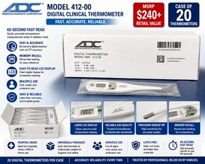 MSRP $240 NEW CASE OF 20 ADC MODEL 412-00 DIGITAL CLINICAL THERMOMETERS, 60-SECOND FAST READ, MEMORY RECALL, LCD DISPLAY, ORAL, RECTAL &amp UNDERARM USE, INDIVIDUALLY PACKAGED, HOSPITAL, CLINIC, EMS &amp HOME USE