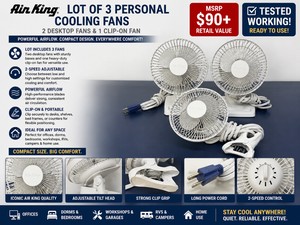 MSRP $90 LOT OF 3 AIR KING PERSONAL COOLING FANS, INCLUDES 2 DESKTOP FANS &amp 1 CLIP-ON FAN, 2-SPEED ADJUSTABLE AIRFLOW, IDEAL FOR OFFICES, DORMS, BEDROOMS, WORKSHOPS, RVS, CAMPERS &amp HOME USE, TESTED WORKING