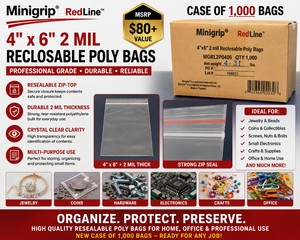 MSRP $80 NEW CASE OF 1,000 MINIGRIP� RED LINE� 4 X 6 2 MIL RESEALABLE POLY BAGS, PROFESSIONAL ZIP-TOP STORAGE &amp PACKAGING BAGS, DURABLE CLEAR POLY, IDEAL FOR JEWELRY, COINS, COLLECTIBLES, BEADS, SCREWS, NUTS &amp BOLTS, ELECTRONICS &amp CRAFTS
