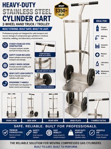 MSRP $350 HEAVY-DUTY STAINLESS STEEL COMPRESSED GAS CYLINDER CART  TROLLEY, 2-WHEEL HAND TRUCK WITH SAFETY CHAIN, IDEAL FOR OXYGEN, CO, NITROGEN, ARGON, HELIUM, WELDING, MEDICAL &amp INDUSTRIAL USE