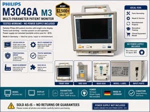 MSRP $2,500 PHILIPS M3046A M3 MULTI-PARAMETER PATIENT MONITOR, COLOR DISPLAY, MADE IN GERMANY, TESTED WORKING HOWEVER NO POWER SUPPLY INCLUDED (BUY ONLINE USED $15), IDEAL FOR PARTS, REPAIR OR REFURBISHMENT
