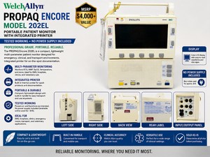 MSRP $4,000 WELCH ALLYN PROPAQ ENCORE MODEL 202EL PORTABLE PATIENT MONITOR WITH INTEGRATED PRINTER, TESTED WORKING, NO POWER SUPPLY INCLUDED(buy online $40), EMS, HOSPITAL, CLINICAL &amp VETERINARY USE