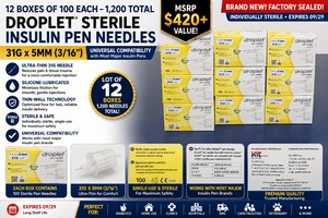 MSRP $420 12 BOXES OF 100 EACH-&nbsp1,200 DROPLET� STERILE INSULIN PEN NEEDLES, 31G X 5MM (316), UNIVERSAL COMPATIBILITY WMOST MAJOR INSULIN PENS, THIN-WALL TECHNOLOGY, SILICONE-LUBRICATED FOR GENTLE INJECTION, INDIVIDUALLY STERILE, EXP 0929