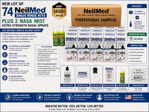 MSRP $650 NEW LOT OF 74 NEILMED SINUS RINSE KITS PLUS 2 NASA MIST EXTRA STRENGTH SALINE NASAL DECONGESTANT SPRAYS, ALL NATURAL PH BALANCED NASAL IRRIGATION, SINUS, ALLERGY &amp COLD RELIEF, EXP 022030