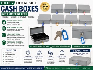 MSRP $140 LOT OF 7 LOCKING STEEL CASH BOXES WITH MATCHING KEYS, REMOVABLE 6-COMPARTMENT COIN TRAYS, DURABLE POWDER-COATED GRAY FINISH, PERFECT FOR CASH HANDLING, GARAGE SALES, CHURCHES, SCHOOLS, CRAFT SHOWS, FOOD TRUCKS &amp CONCESSION STANDS
