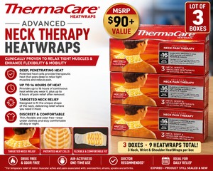 MSRP $90 NEW LOT OF 3 BOXES THERMACARE ADVANCED NECK THERAPY HEATWRAPS (9 TOTAL), AIR-ACTIVATED DEEP HEAT THERAPY FOR SORE MUSCLES, STIFFNESS &amp TENSION, PROVIDES UP TO 16 HOURS OF PAIN RELIEF EXPIRED