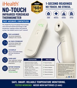 MSRP $60 IHEALTH NO-TOUCH INFRARED FOREHEAD THERMOMETER, CONTACTLESS DIGITAL TEMPERATURE SCANNER, FAST &amp ACCURATE 1-SECOND READINGS, LCD DISPLAY, IDEAL FOR HOME, MEDICAL, CLINIC, SCHOOL &amp OFFICE, TESTED WORKING NEEDS NEW BATTERIES