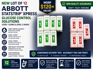 MSRP $120 NEW LOT OF 12 ABBOTT STATSTRIP� XPRESS GLUCOSE CONTROL SOLUTIONS, LEVEL 1 (LOW) &amp LEVEL 3 (HIGH), OEM QUALITY ASSURANCE SOLUTIONS FOR VERIFYING METER ACCURACY &amp RELIABLE GLUCOSE TESTING, EXP 072026082026