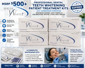 MSRP $500 NEW LOT OF 4 SHEER WHITE PROFESSIONAL DENTAL TEETH WHITENING PATIENT TREATMENT KITS WITH 22% CARBAMIDE PEROXIDE, ADVANCED ENAMEL-SAFE FORMULA FOR BRIGHTER, WHITER, STAIN-FREE SMILES, EXPIRED