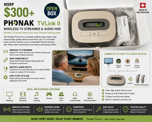 MSRP $300 NEW OPEN BOX PHONAK TVLINK II BASE STATION, WIRELESS TV STREAMER &amp AUDIO HUB FOR COMPATIBLE PHONAK HEARING AIDS, COMPilot II &amp TV CONNECTIVITY, OPTICALSPDIF &amp ANALOG INPUTS, MADE IN SWITZERLAND