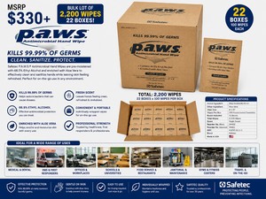 MSRP $330 NEW BULK LOT OF 2,200 SAFETEC P.A.W.S.� ANTIMICROBIAL HAND WIPES, 22 BOXES (100 WIPES EACH), 66.5% ETHYL ALCOHOL WITH ALOE VERA, FRESH SCENT SANITIZING TOWELETTES FOR MEDICAL, FIRST AID, EMS, OFFICE, SCHOOL, FOOD SERVICE &amp JANITORIAL USE