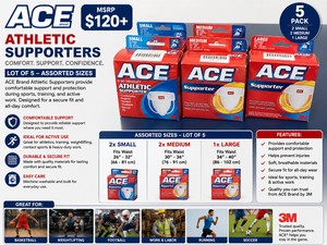 MSRP $120 LOT OF 5 NEW ACE BRAND ATHLETIC SUPPORTERS, ASSORTED SIZES (2 SMALL, 2 MEDIUM, 1 LARGE), COMFORTABLE JOCK STRAPS FOR ATHLETICS, WEIGHTLIFTING, CONTACT SPORTS &amp ACTIVE WORK