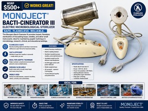 MSRP $500 WORKS GREAT MONOJECT BACTI-CINERATOR III LABORATORY STERILIZER, ELECTRIC MICROBIOLOGY INOCULATING LOOP &amp NEEDLE INCINERATOR, FLAMELESS STERILIZATION FOR LABS, RESEARCH, CLINICS, SCHOOLS &amp UNIVERSITIES