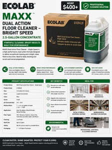 MSRP $400 NEW ECOLAB MAXX DUAL ACTION FLOOR CLEANER  BRIGHT SPEED, 2.5-GALLON COMMERCIAL CONCENTRATE, DAILY FLOOR CLEANER &amp SCRUB-AND-RECOAT PREP FOR AUTO SCRUBBERS, HOSPITALS, SCHOOLS, RETAIL, WAREHOUSES &amp JANITORIAL USE