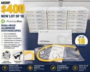 MSRP $300 NEW LOT OF 18 PREMIERPRO FULLY ASSEMBLED DUAL-HEAD ALUMINUM STETHOSCOPES, YELLOW, PROFESSIONAL MEDICAL, EMS, CLINIC, HOSPITAL, NURSING, EMT, VETERINARY &amp TRAINING USE