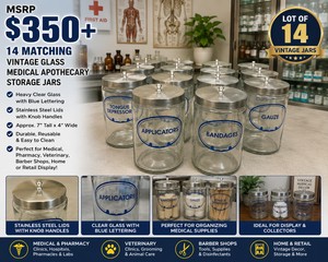 MSRP $350 14 MATCHING VINTAGE GLASS MEDICAL APOTHECARY STORAGE JARS WSTAINLESS STEEL LIDS, APPROX. 7 T X 4 W, LABELED FOR BANDAGES, GAUZE, APPLICATORS, TONGUE DEPRESSORS ETC MEDICAL COLLECTORS, PHARMACIES, VETERINARY, BARBER SHOPS &amp DISPLAY