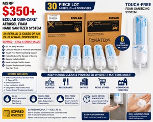 MSRP $350 ECOLAB QUIK-CARE� AEROSOL FOAM HAND SANITIZER SYSTEM, 24 REFILLS (2 CASES OF 12) PLUS 6 WALL DISPENSERS, 62.5% ETHYL ALCOHOL, TOUCH-FREE FOAM SANITIZING SYSTEM FOR SCHOOLS, RESTAURANTS, OFFICES &amp COMMERCIAL FACILITIES -EXPIRED&nbsp
