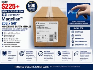 MSRP $225 NEW 1 CASE OF 500 COVIDIEN MAGELLAN 25G X 58 HYPODERMIC SAFETY NEEDLES, STERILE SINGLE-USE SAFETY INJECTION NEEDLES WITH PROTECTIVE SHIELD, IDEAL FOR HOSPITALS, CLINICS, PHARMACIES, VETERINARY &amp LABORATORY USE EXP 1226