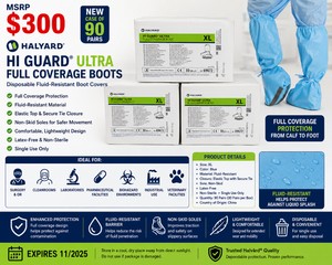 MSRP $300 NEW CASE OF 90 PAIRS HALYARD HI GUARD� ULTRA FULL COVERAGE BOOTS, XL DISPOSABLE FLUID-RESISTANT BOOT COVERS, ELASTIC TOP &amp SECURE TIE CLOSURE, IDEAL FOR SURGERY, CLEANROOMS, LABS, PHARMACEUTICAL, BIOHAZARD &amp INDUSTRIAL USE, EXP 1125