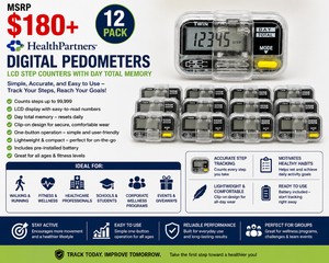MSRP $180 LOT OF 12 NEW HEALTHPARTNERS DIGITAL PEDOMETERS, LCD STEP COUNTERS WITH DAY TOTAL MEMORY, CLIP-ON FITNESS ACTIVITY TRACKERS FOR WALKING, RUNNING, WELLNESS PROGRAMS, HEALTHCARE, SCHOOLS, CORPORATE WELLNESS &amp GIVEAWAYS