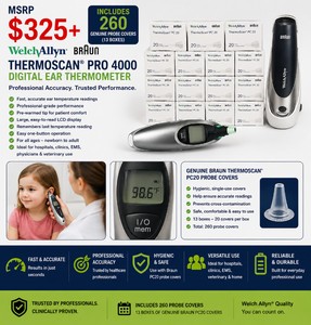 MSRP $325 WELCH ALLYN BRAUN THERMOSCAN� PRO 4000 DIGITAL EAR THERMOMETER WITH 260 GENUINE BRAUN THERMOSCAN� PC20 PROBE COVERS (13 BOXES), FAST ACCURATE INFRARED TYMPANIC THERMOMETER FOR HOSPITALS, CLINICS, EMS, PHYSICIANS &amp VETERINARY USE