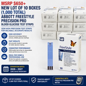 MSRP $650 NEW LOT OF 10 BOXES (1,000 TOTAL) ABBOTT FREESTYLE PRECISION PRO BLOOD GLUCOSE TEST STRIPS, REF 71284-70, HIGH-PRECISION OEM TEST STRIPS FOR FAST RESULTS, ACCURATE METER PERFORMANCE &amp CONSISTENT PATIENT TESTING, EXP 2026-2027