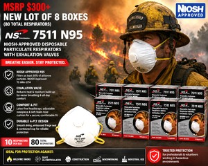 MSRP $300 NEW 8 BOXES (80 TOTAL) NS 7511 N95 NIOSH-APPROVED DISPOSABLE RESPIRATORS MASKS WITH EXHALATION VALVES, LATEX-FREE HEADSTRAPS, ADJUSTABLE NOSEPIECE &amp COMFORT FOAM, IDEAL FOR DUST, WILDFIRE SMOKE, CONSTRUCTION, WOODWORKING &amp INDUSTRIAL USE